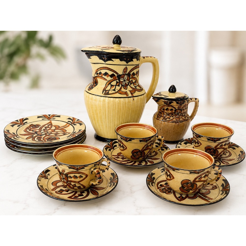 Vintage Japanese Ceramic Tea Set | Art Deco Geometric Pitcher Cups & Saucers Set